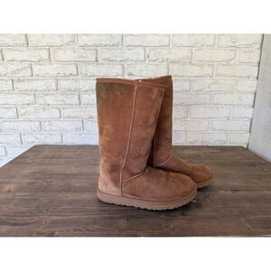 Ugg Australia Classic Tall Brown Suede Leather Shearling Winter Boots Women's 8